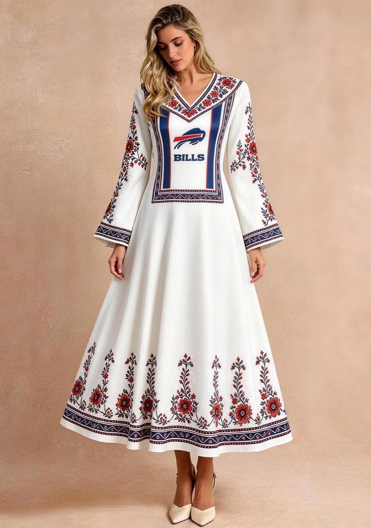 Buffalo Bills Red Ethnic Floral Border Game‑Day Midi Dress Main image