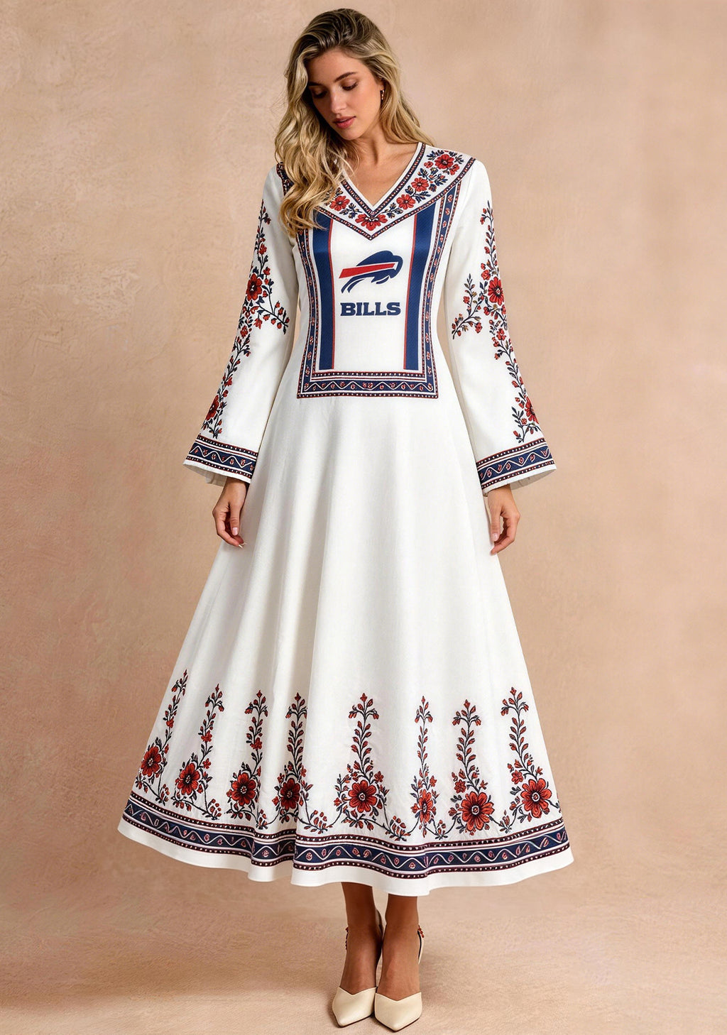 Buffalo Bills Red Ethnic Floral Border Game‑Day Midi Dress