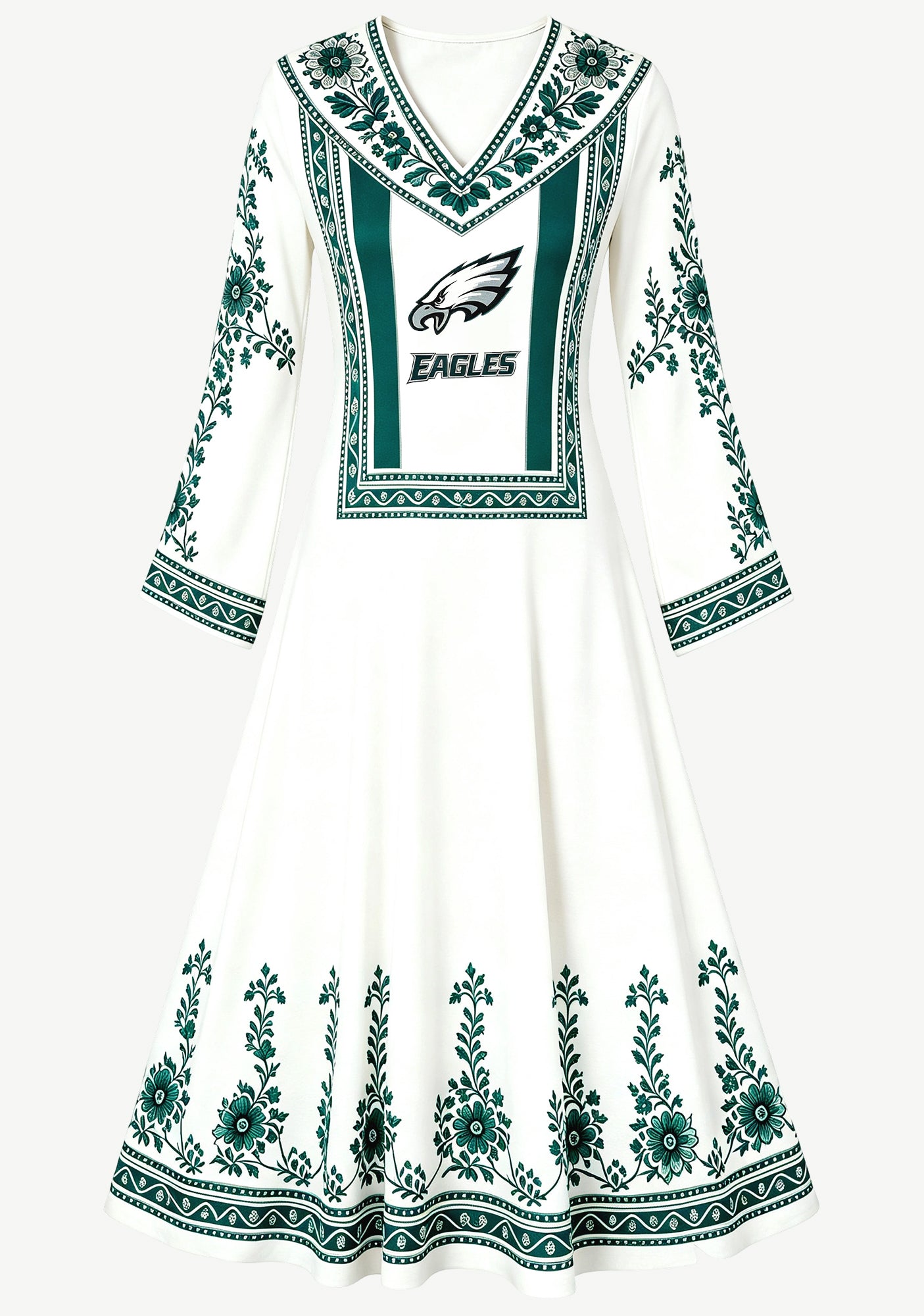 Philadelphia Eagles Green Ethnic Floral Border Game‑Day Midi Dress Secondary image