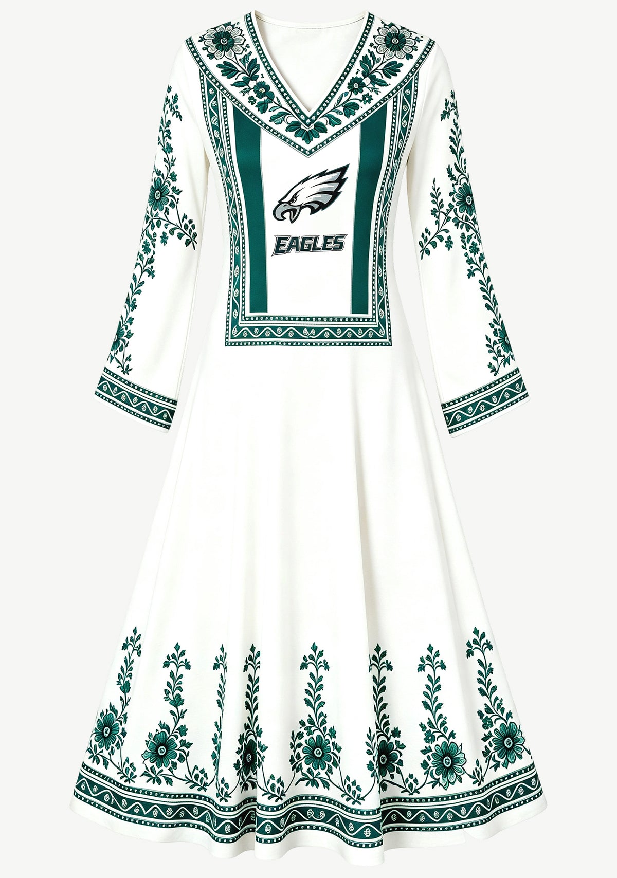 Philadelphia Eagles Green Ethnic Floral Border Game‑Day Midi Dress