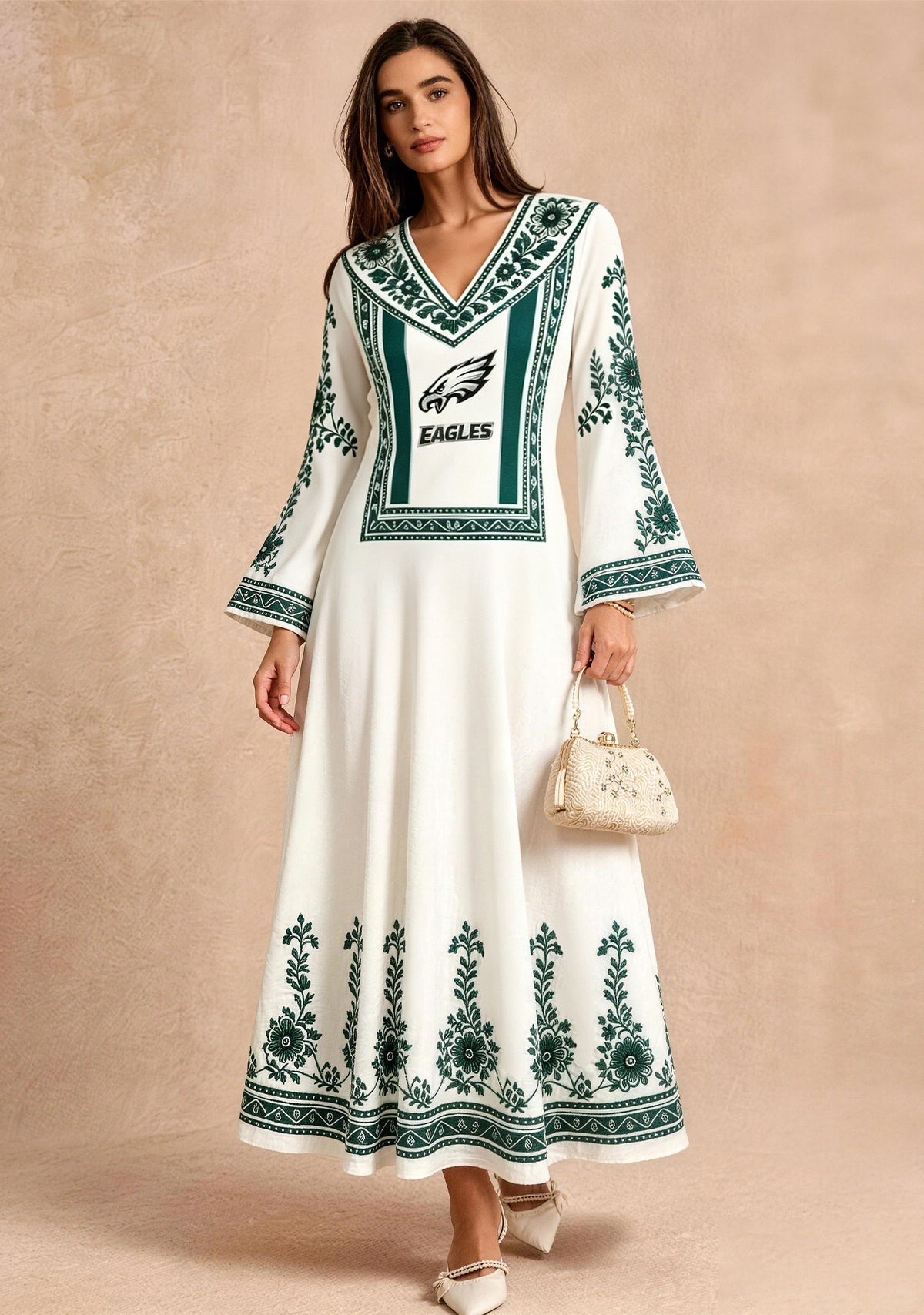 Philadelphia Eagles Green Ethnic Floral Border Game‑Day Midi Dress Main image