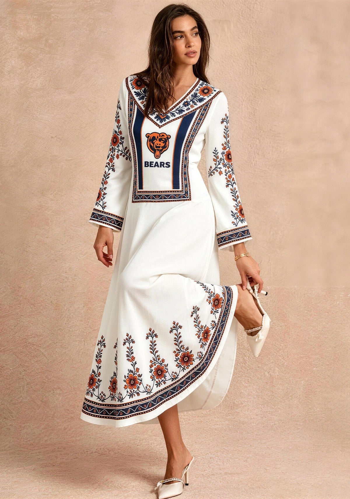 Chicago Bears Floral Ornate Print Game‑Day Midi Dress