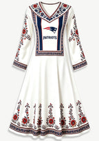 New England Patriots Boho Ethnic Floral Game‑Day Midi Dress