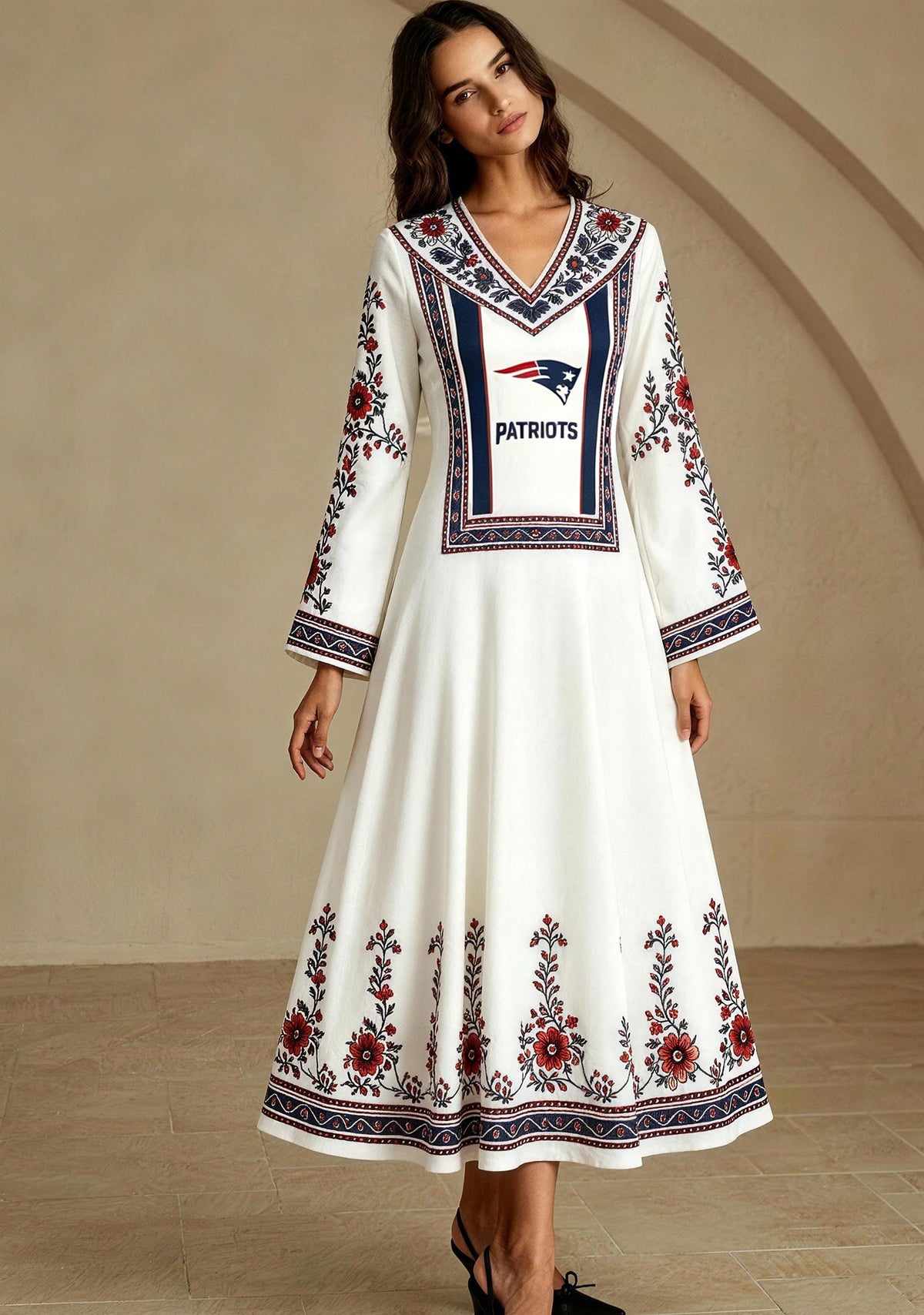 New England Patriots Boho Ethnic Floral Game‑Day Midi Dress Main image