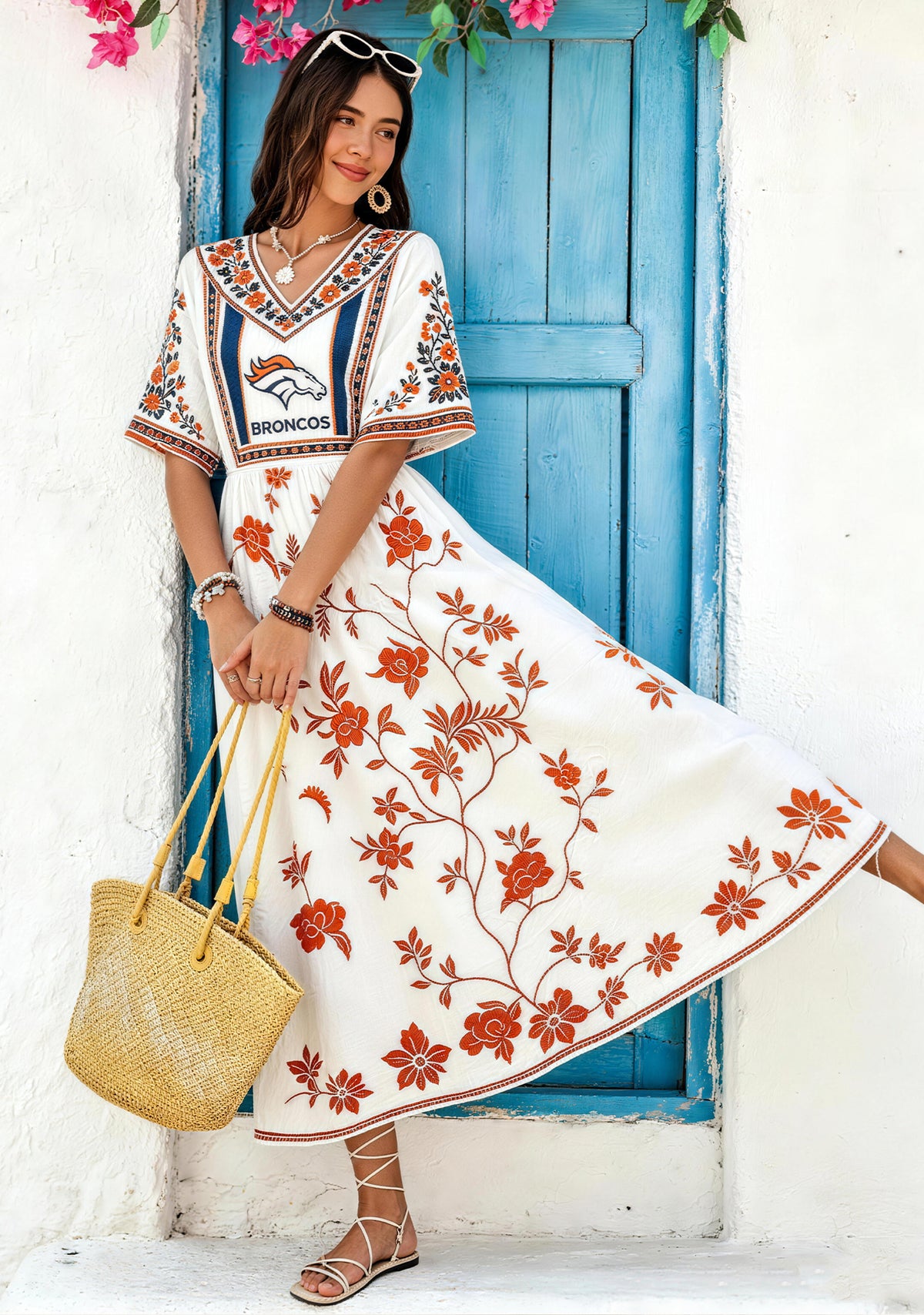Denver Broncos Boho Orange Floral Maxi Dress Main image