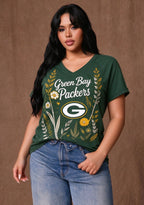 Women's Green Bay Packers Wildflower Graphic V-Neck Raglan Rolled T-Shirt