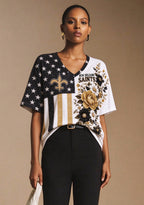 Women's New Orleans Saints American Flag Floral V-Neck T-Shirt