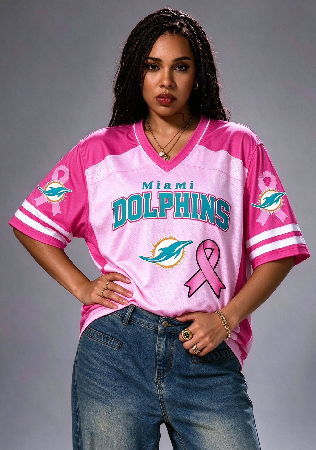 Women Miami Dolphins Breast Cancer Awareness Pink Ribbon Mesh Jersey