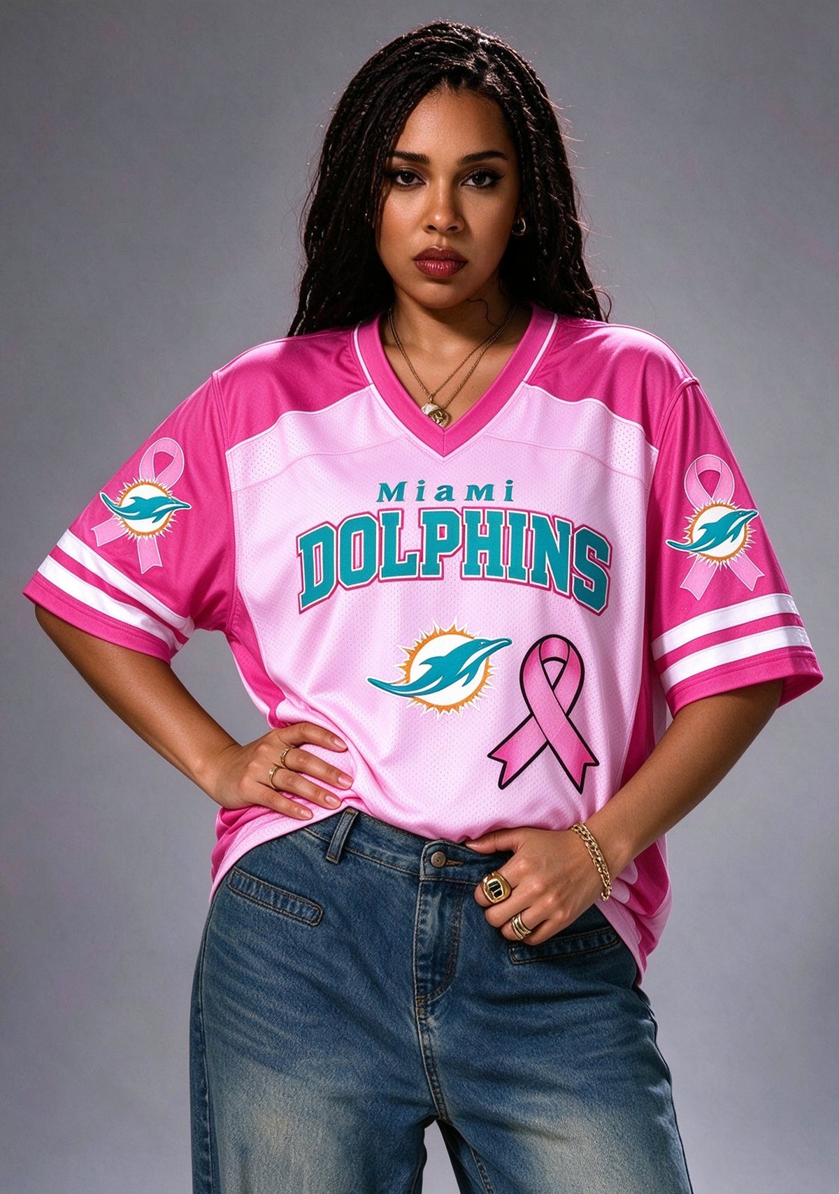 Women Miami Dolphins Breast Cancer Awareness Pink Ribbon Mesh Jersey