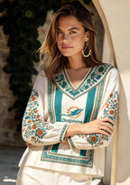 Miami Dolphins Bohemian Floral Printed V-Neck Long Sleeve Shirt