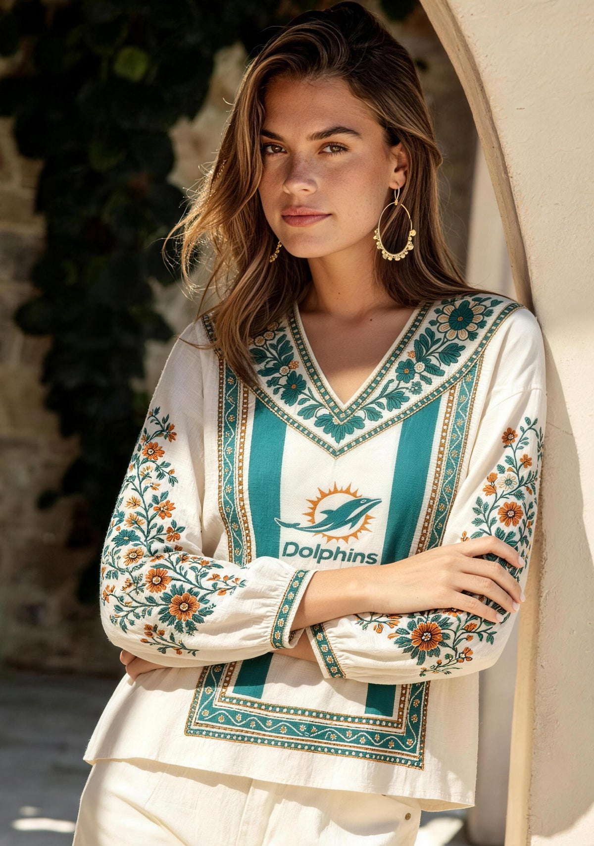 Miami Dolphins Bohemian Floral Printed V-Neck Long Sleeve Shirt