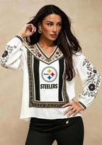 Women's Pittsburgh Steelers Boho Floral Printed V-Neck Long Sleeve Shirt