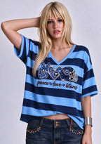 Women's Peace Love Tennessee Titans Football Striped V Neck T-Shirt