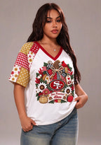 Women's San Francisco 49ers Patchwork Sleeve V-Neck Raglan T-Shirt