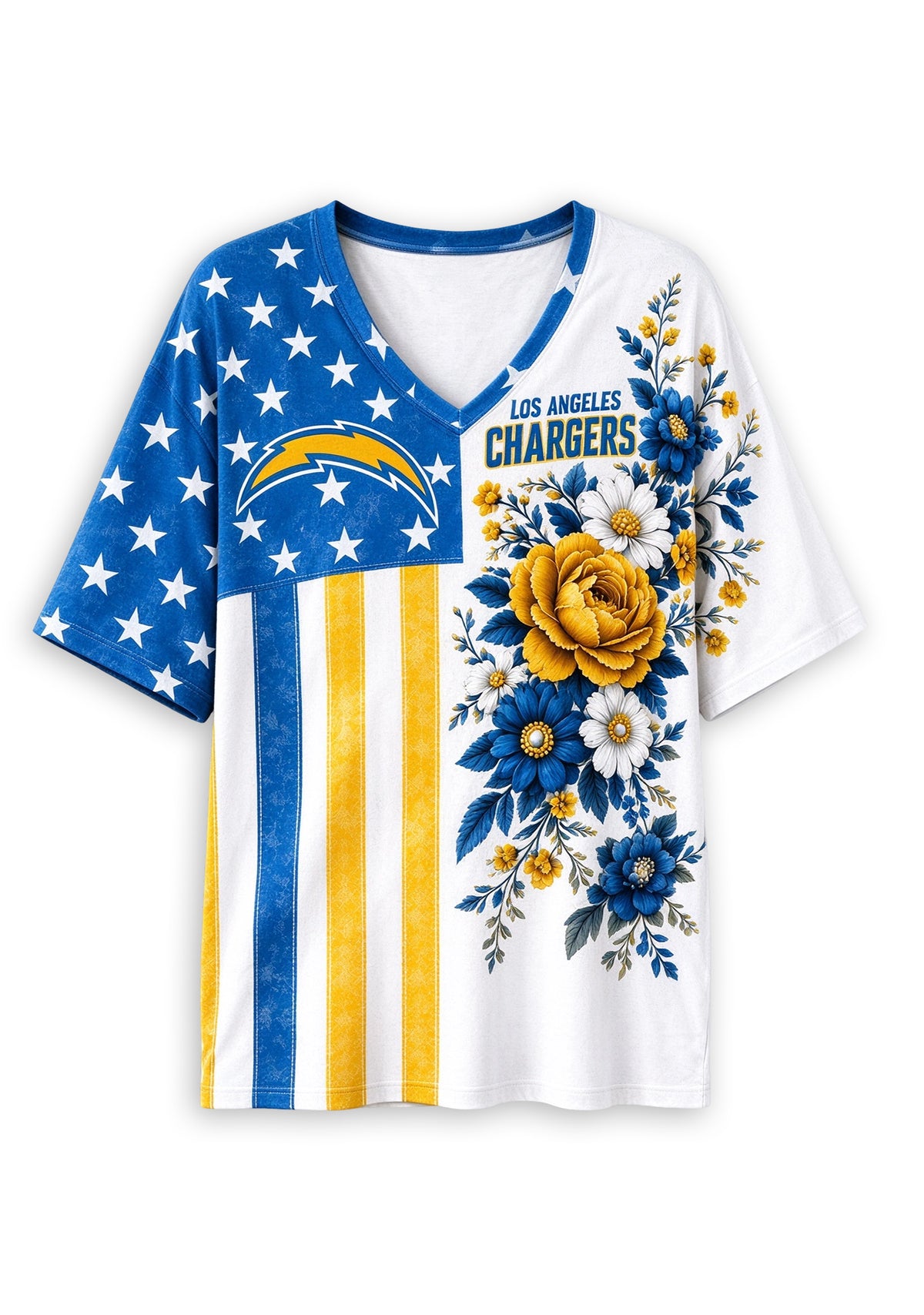 Women's Los Angeles Chargers American Flag Floral V-Neck T-Shirt
