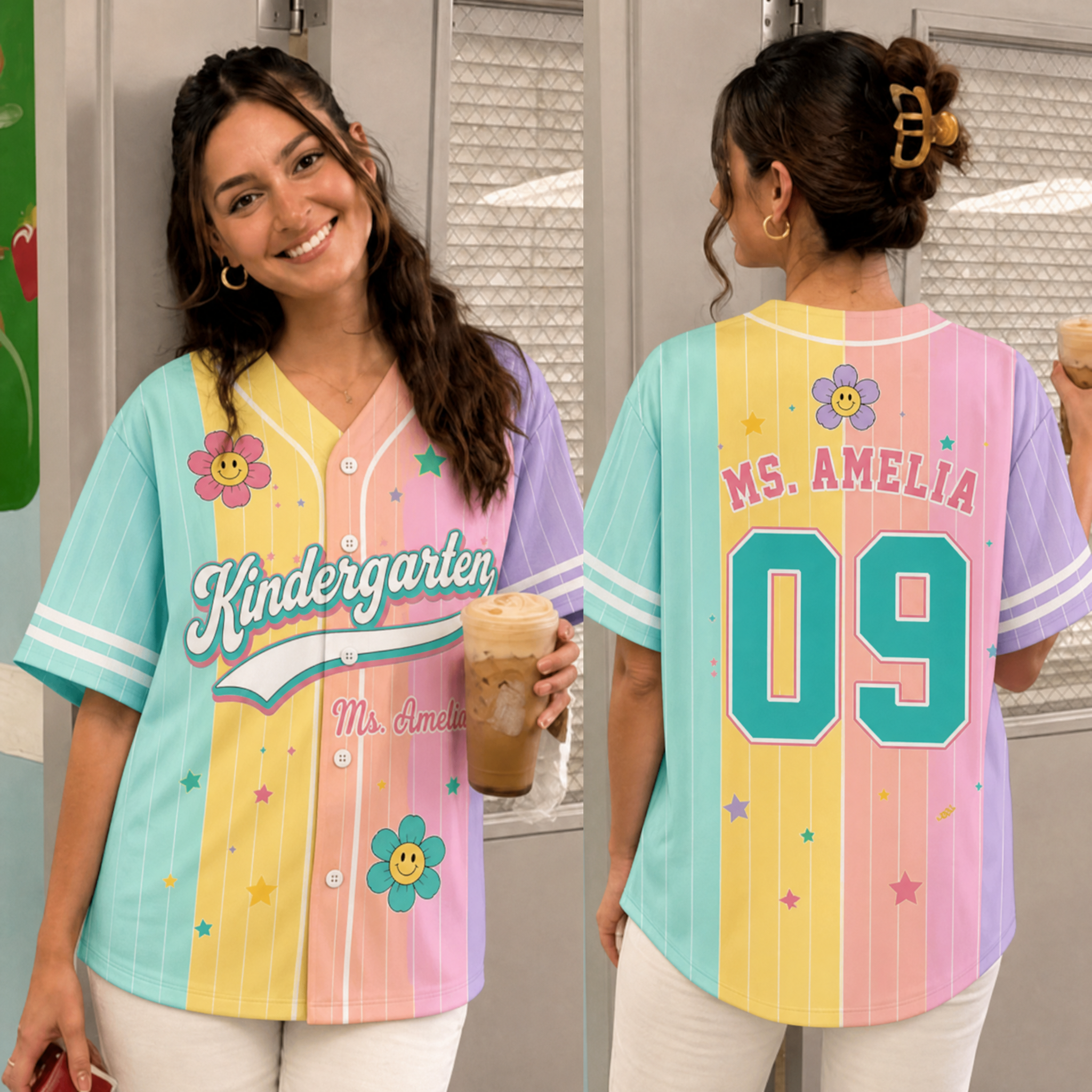 Personalized Grade And Name Rainbow Stripes Floral Teacher Baseball Jersey Secondary image