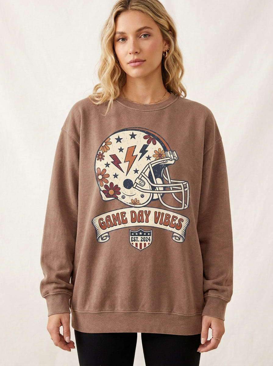 Women's Football Game Day Vibes Floral Helmet Printed Long-Sleeve T-Shirt