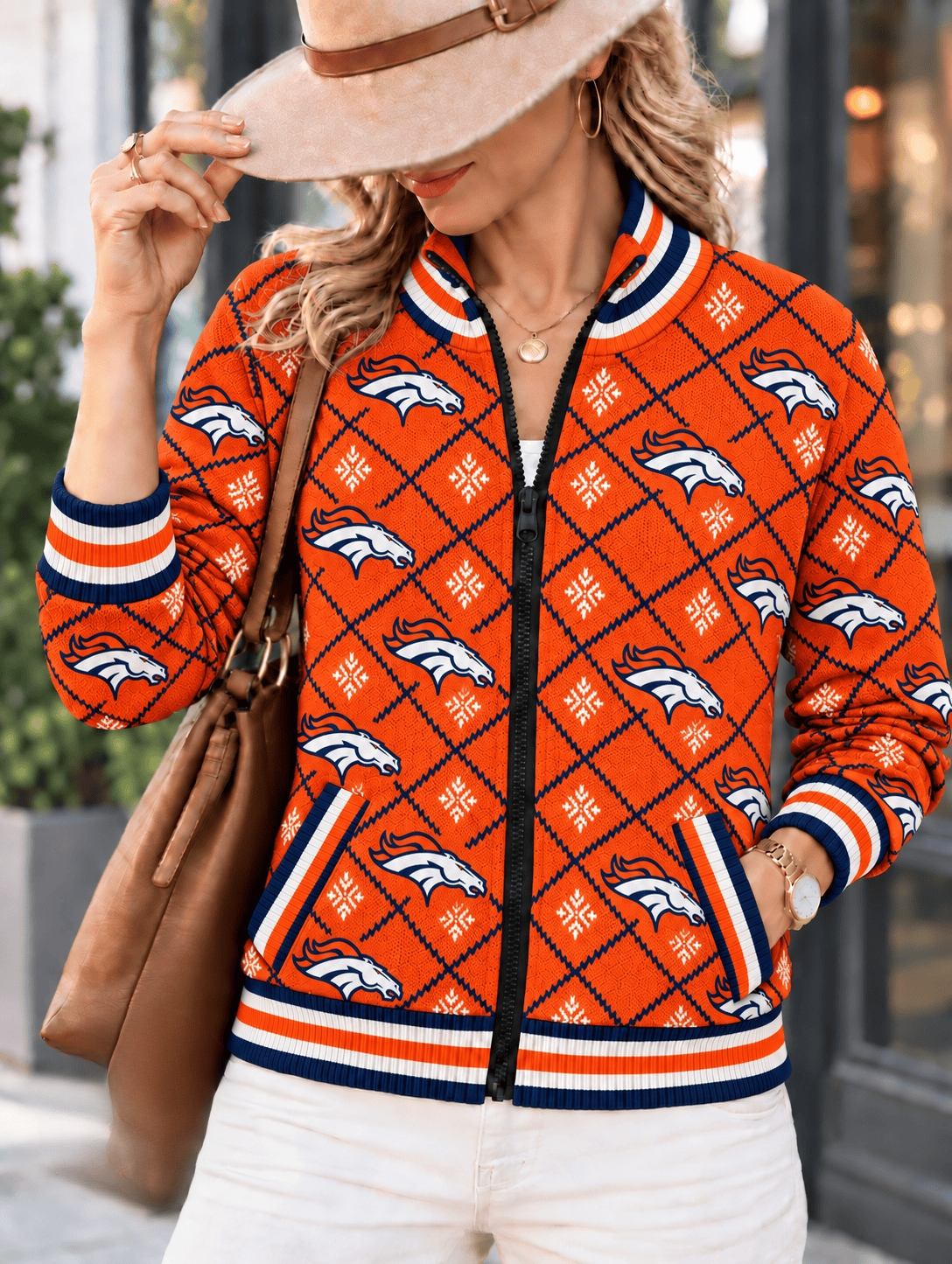 Women's Denver Broncos Argyle Print Zip Up Varsity Jacket Main image