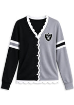 Women's Las Vegas Raiders Color Block Scalloped Trim V-Neck Button Cardigan