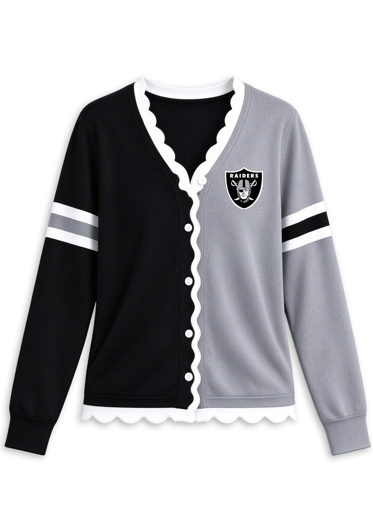 Women's Las Vegas Raiders Color Block Scalloped Trim V-Neck Button Cardigan