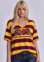 Women's Peace Love Washington Commanders Football Striped V Neck T-Shirt