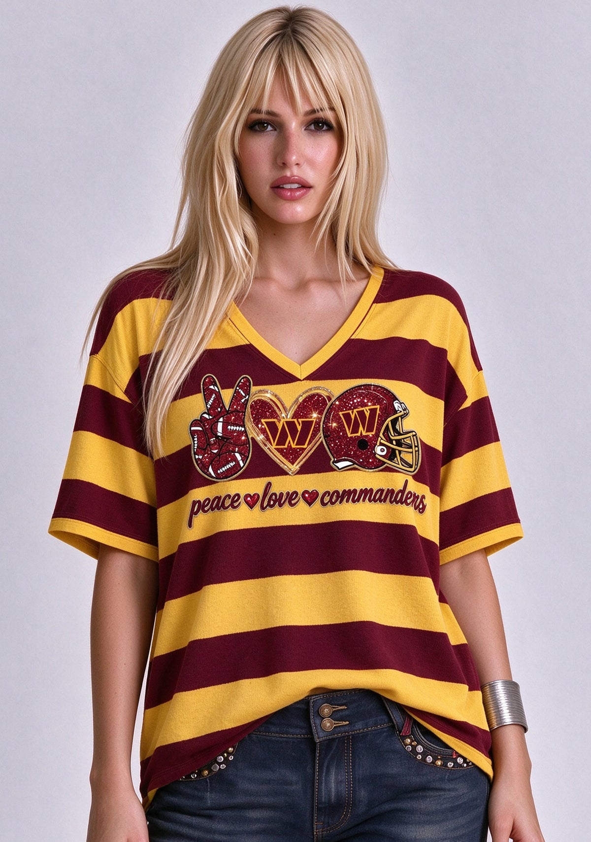 Women's Peace Love Washington Commanders Football Striped V Neck T-Shirt