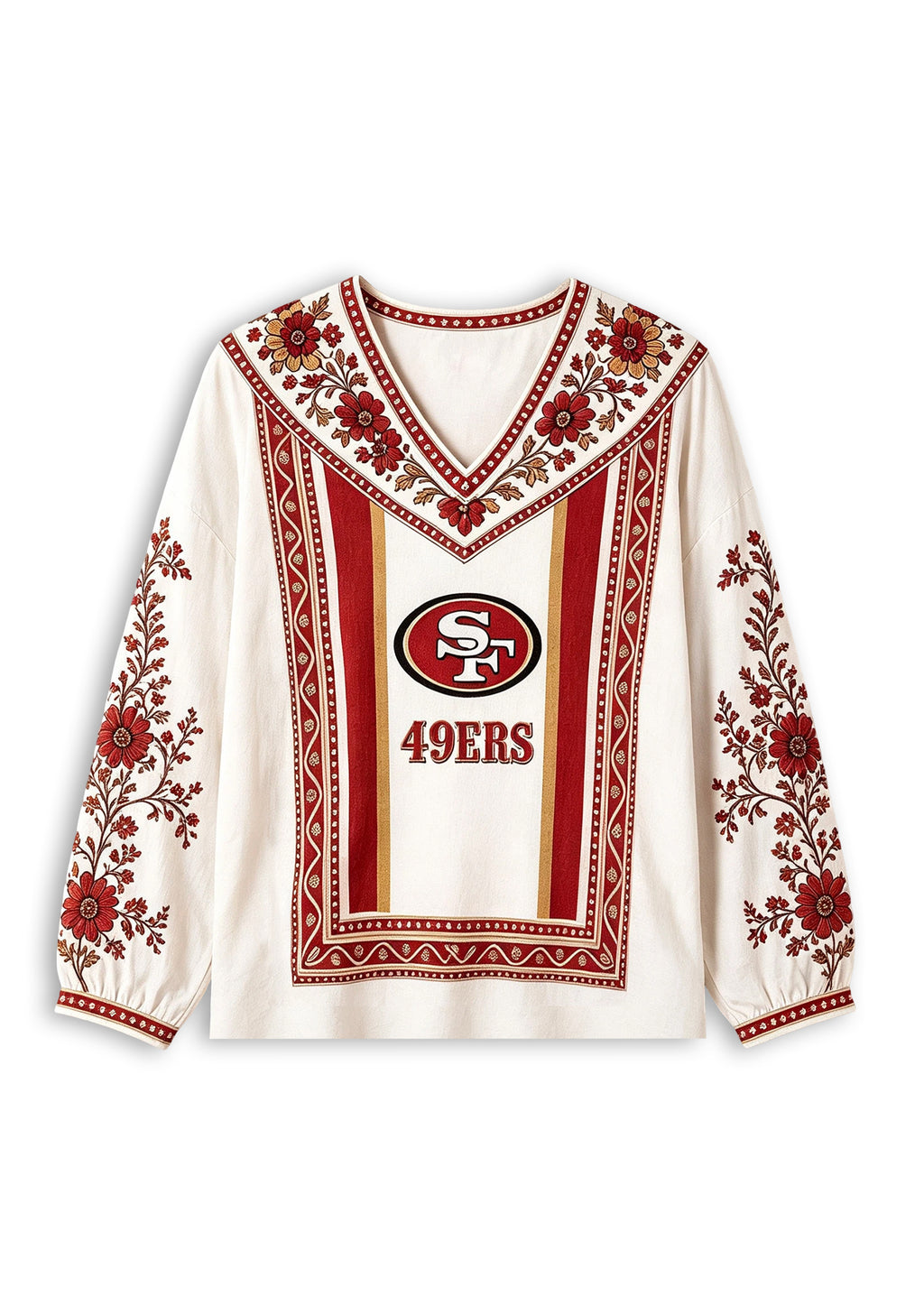Women's San Francisco 49ers Boho Floral Printed V-Neck Long Sleeve Shirt