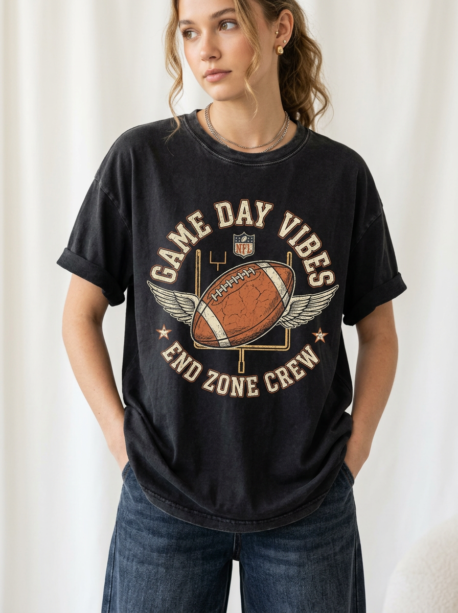 Women's Football Game Day Vibes Winged Ball Printed T-Shirt