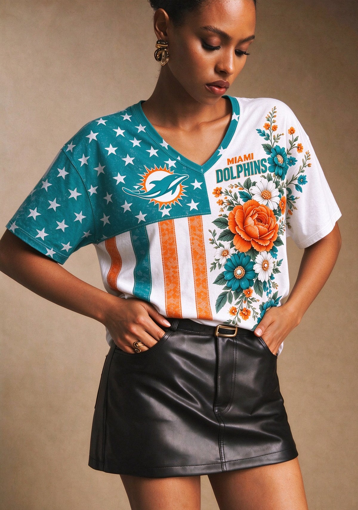Women's Miami Dolphins American Flag Floral V-Neck T-Shirt