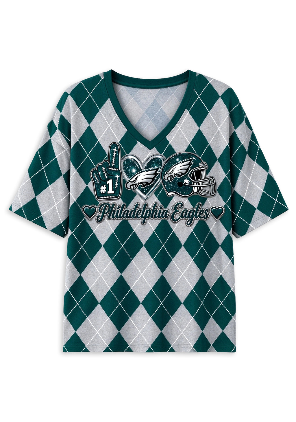 Women's Philadelphia Eagles Argyle #1 Fan Heart Helmet V-Neck T-Shirt