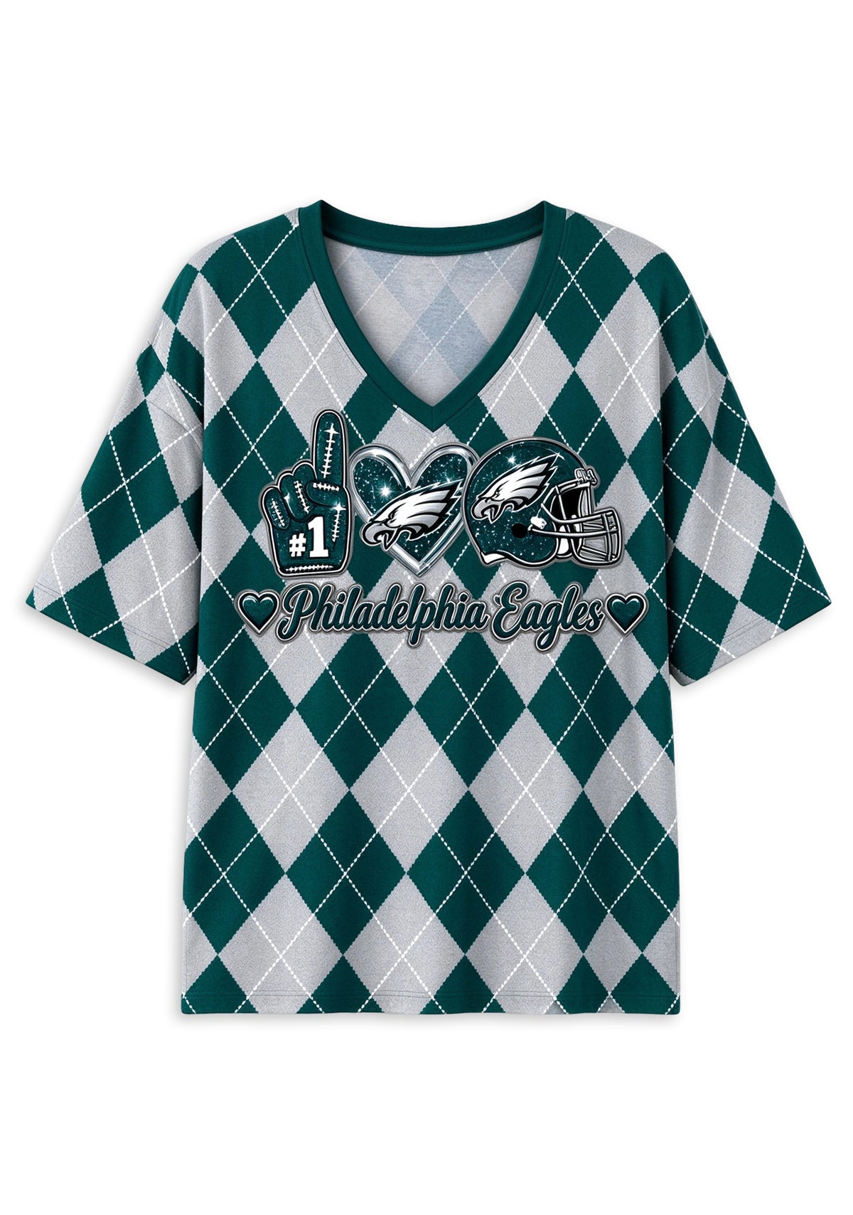 Women's Philadelphia Eagles Argyle #1 Fan Heart Helmet V-Neck T-Shirt