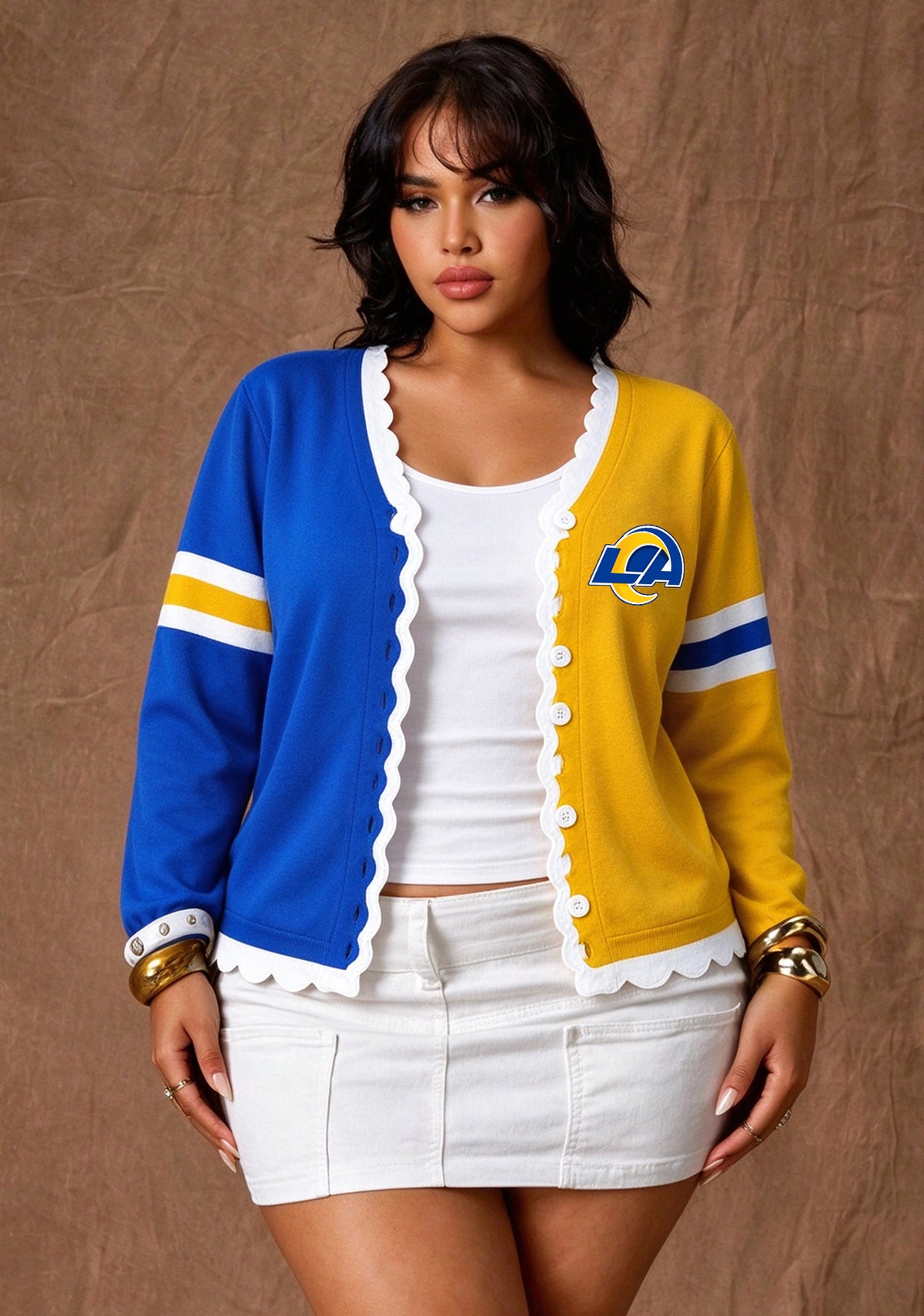 Women's Los Angeles Rams Color Block Scalloped Trim V-Neck Button Cardigan