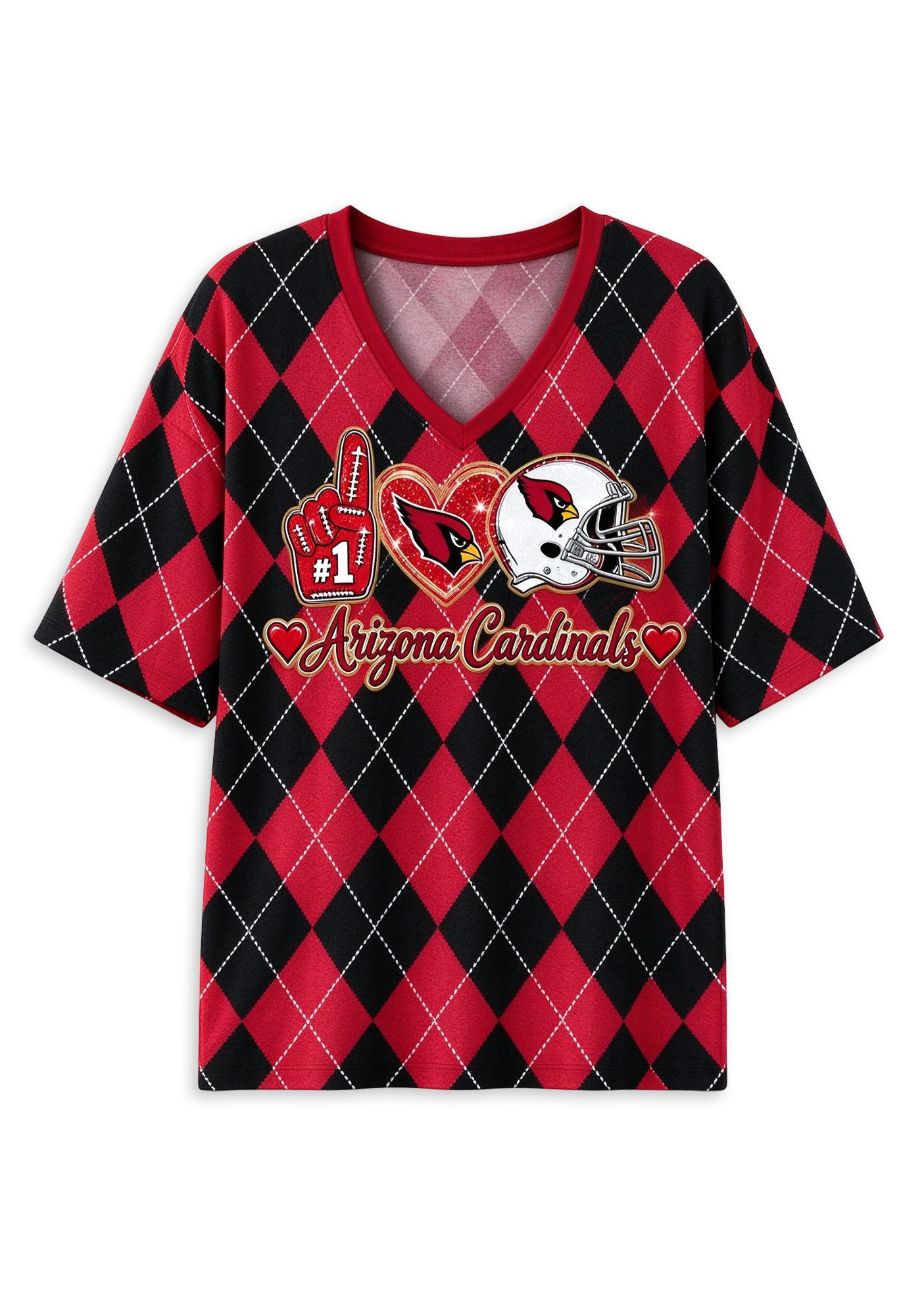 Women's Arizona Cardinals Argyle #1 Fan Heart Helmet V-Neck T-Shirt Secondary image