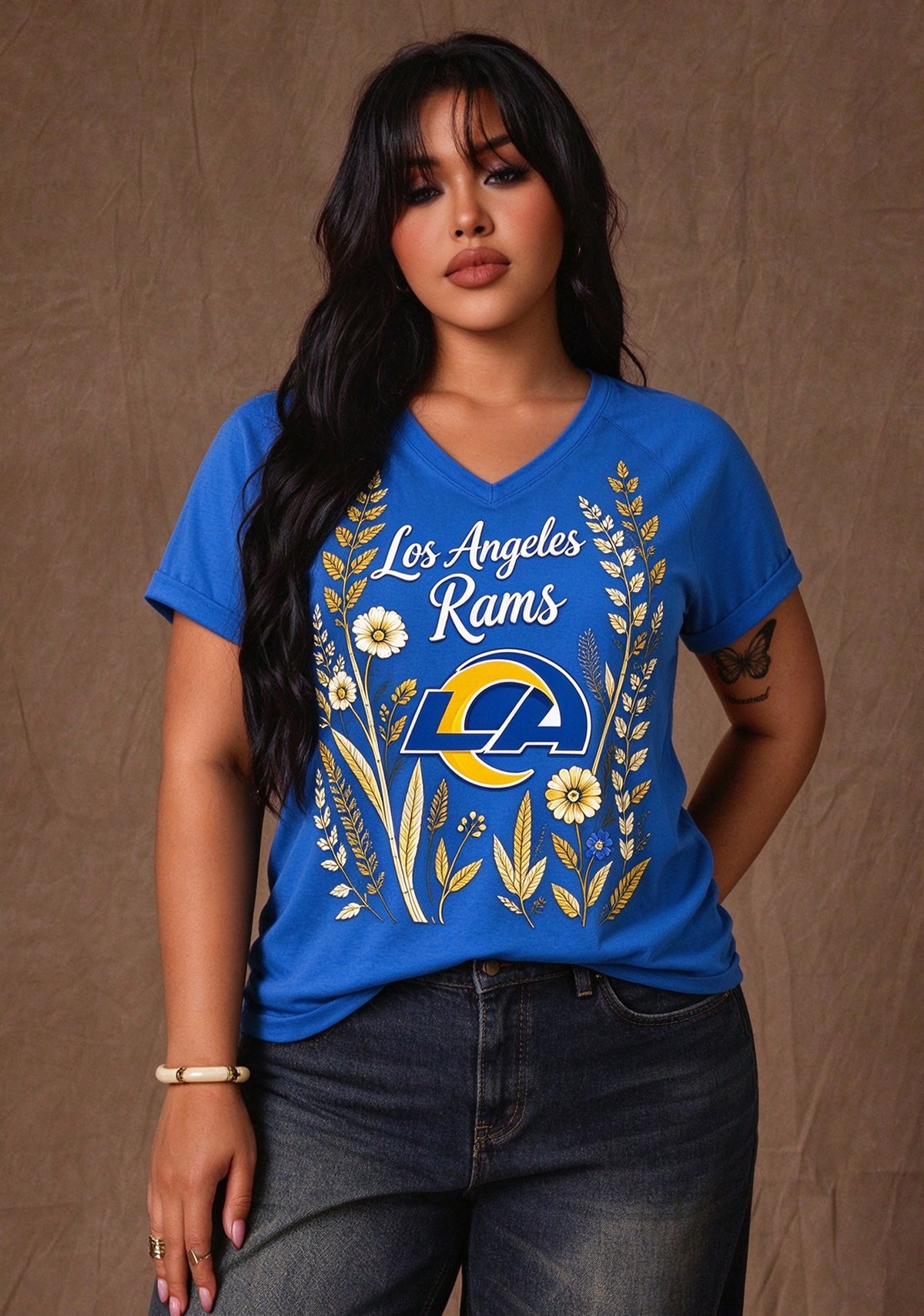 Women's Los Angeles Rams Wildflower Graphic V-Neck Raglan Rolled T-Shirt Main image