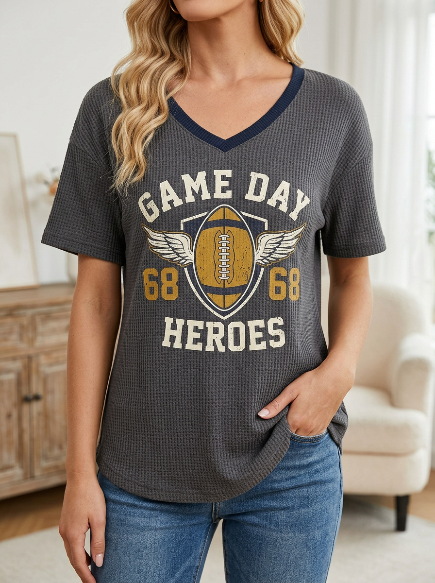 Women's Football Game Day Winged Ball 68 Printed Waffle Top