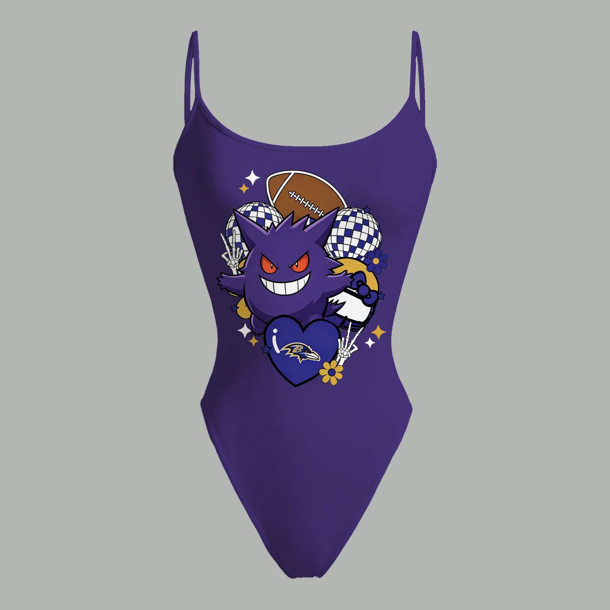 Baltimore Ravens X Pokémon Bodysuit  & Stretch Black Denim Shorts Two-Piece Set