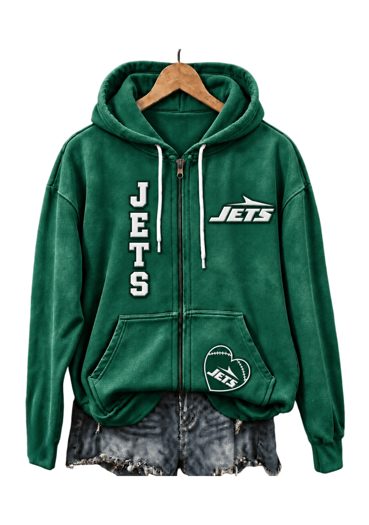 New York Jets Women Heart Football Graphic Zip Up Hoodie