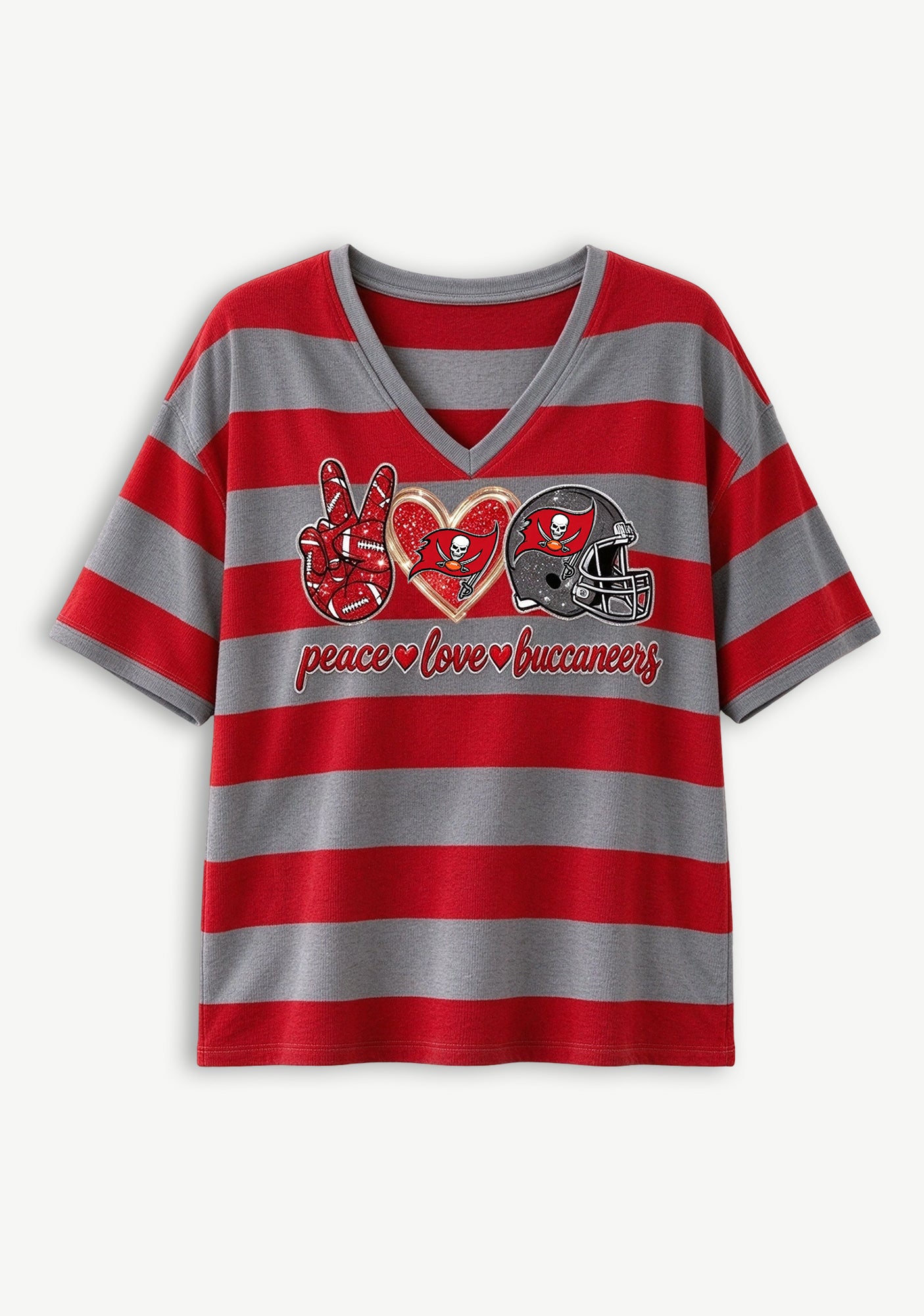 Women's Peace Love Tampa Bay Buccaneers Football Striped V Neck T-Shirt Secondary image