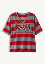 Women's Peace Love Tampa Bay Buccaneers Football Striped V Neck T-Shirt