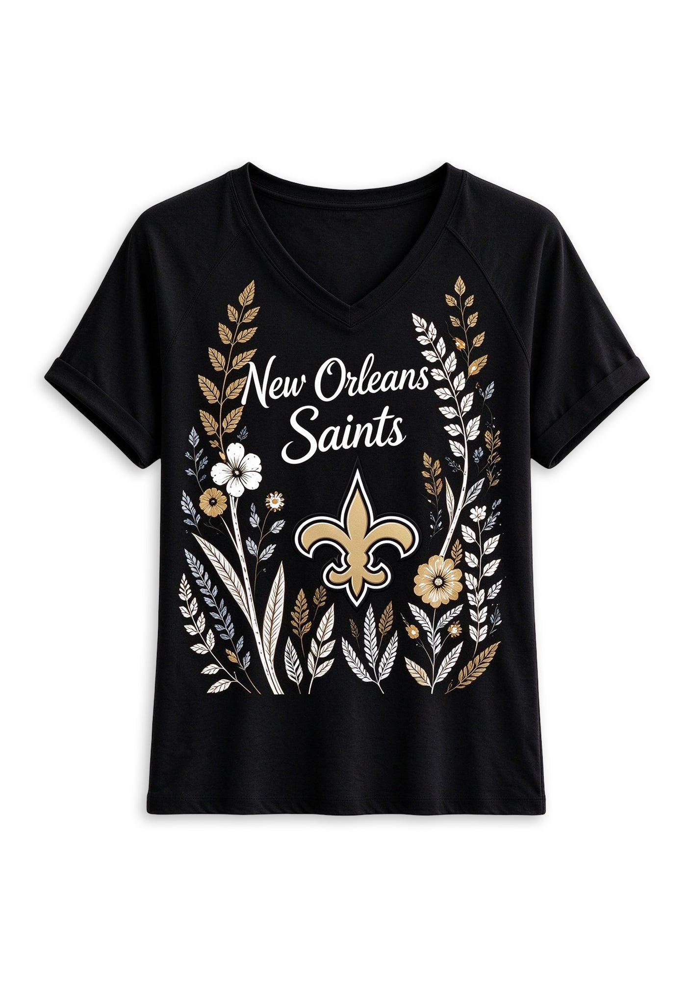 Women's New Orleans Saints Wildflower Graphic V-Neck Raglan Rolled T-Shirt Secondary image