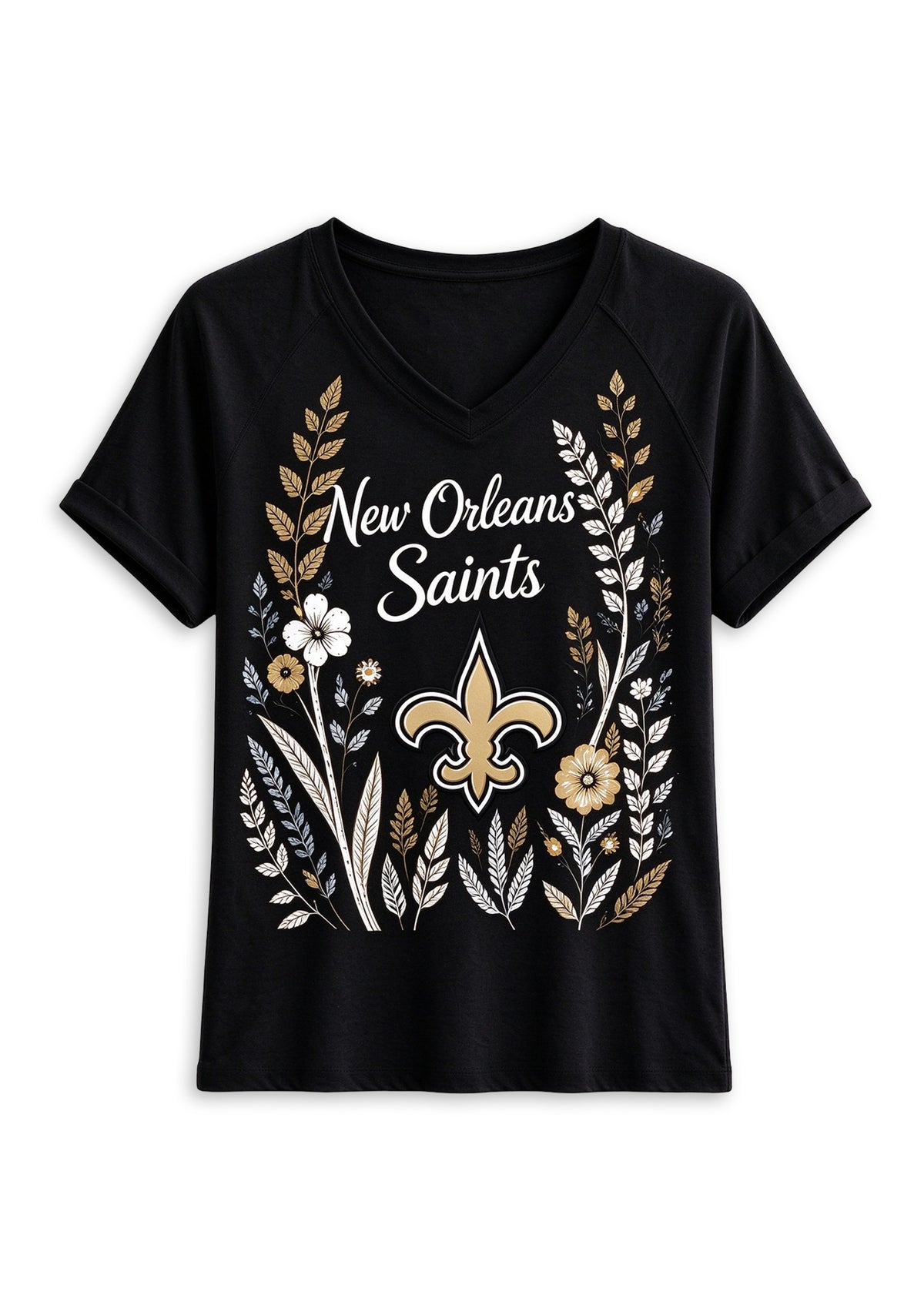 Women's New Orleans Saints Wildflower Graphic V-Neck Raglan Rolled T-Shirt
