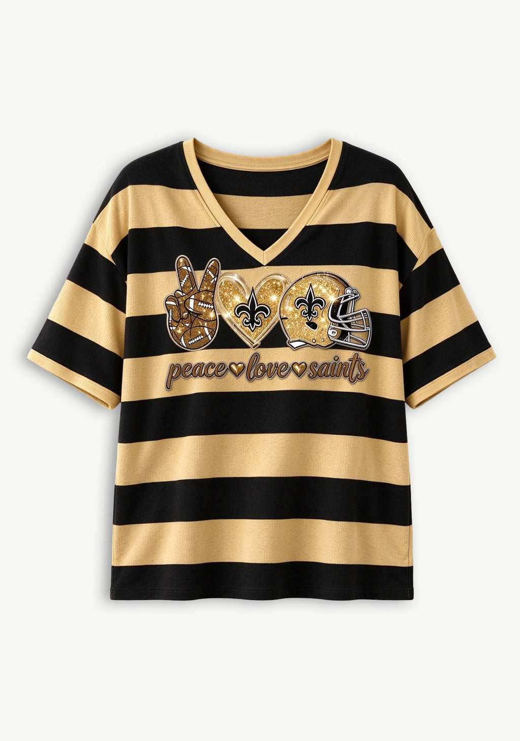 Women's Peace Love New Orleans Saints Football Striped V Neck T-Shirt