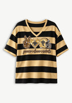 Women's Peace Love New Orleans Saints Football Striped V Neck T-Shirt