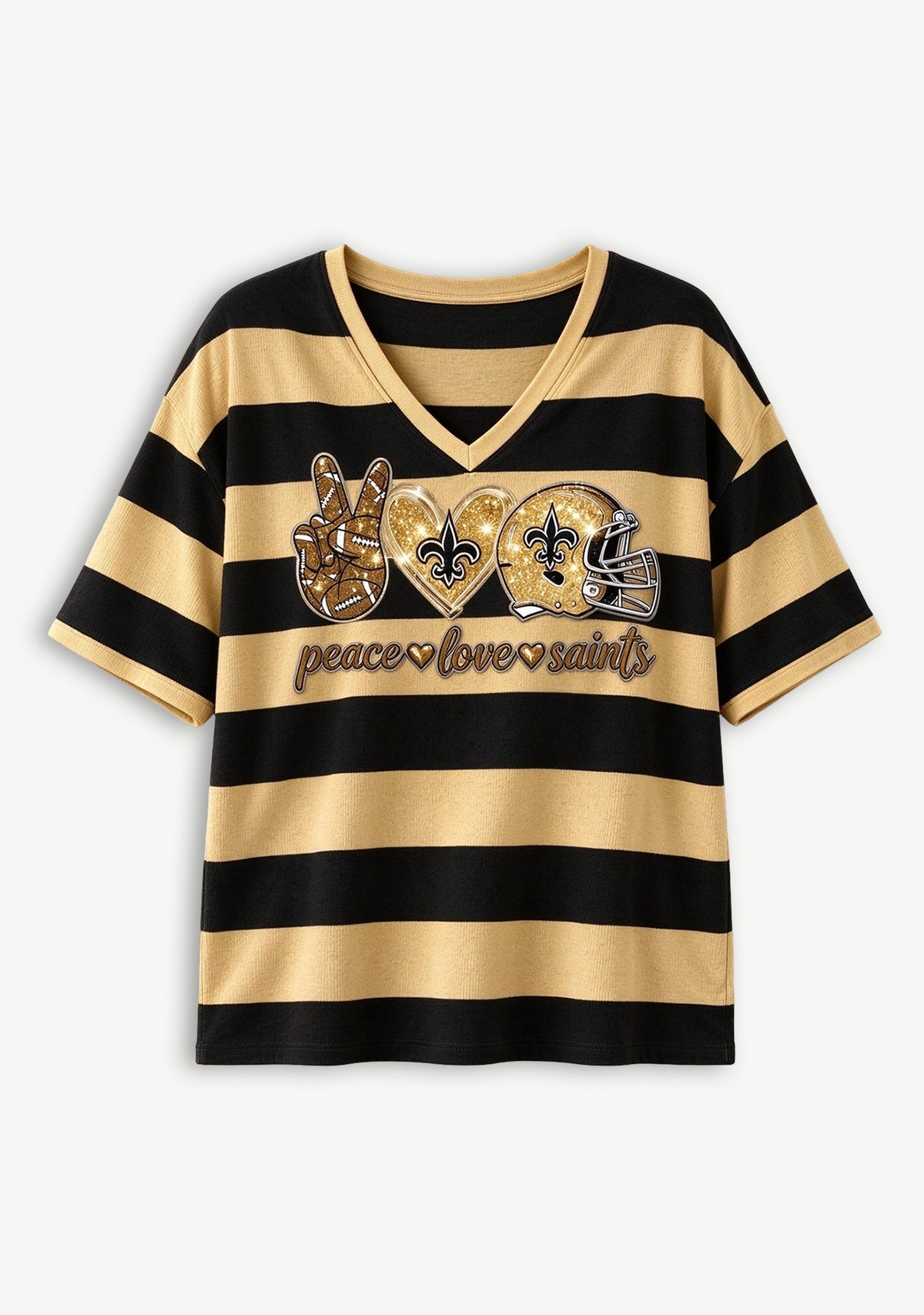 Women's Peace Love New Orleans Saints Football Striped V Neck T-Shirt
