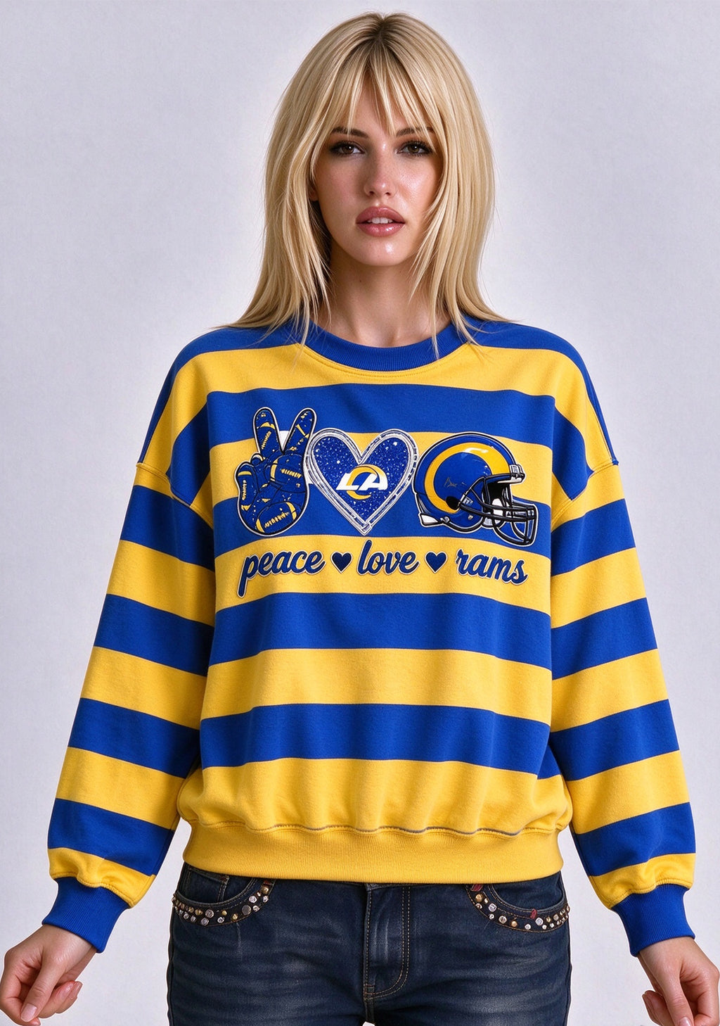 Women's Peace Love Los Angeles Rams Striped Crewneck Sweatshirt