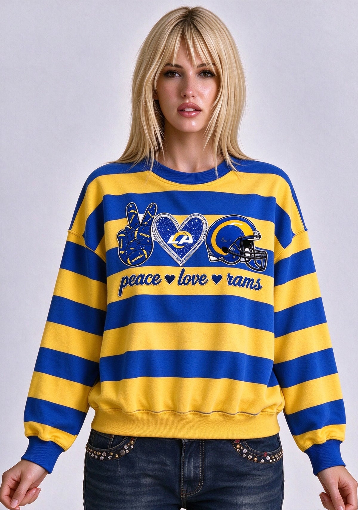 Women's Peace Love Los Angeles Rams Striped Crewneck Sweatshirt