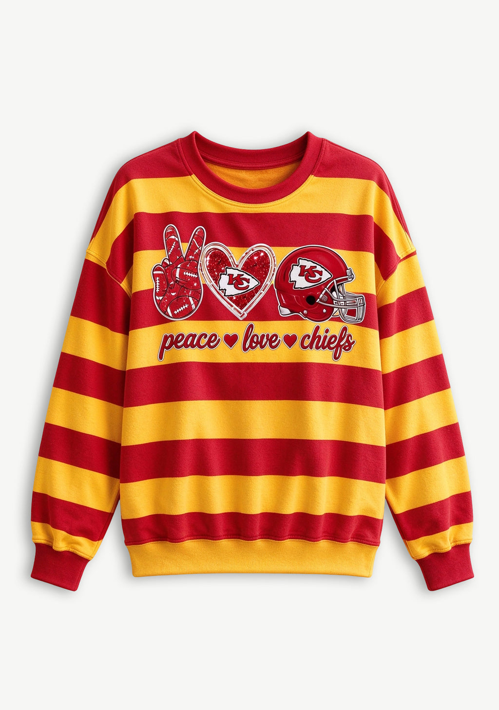 Women's Peace Love Kansas City Chiefs Striped Crewneck Sweatshirt