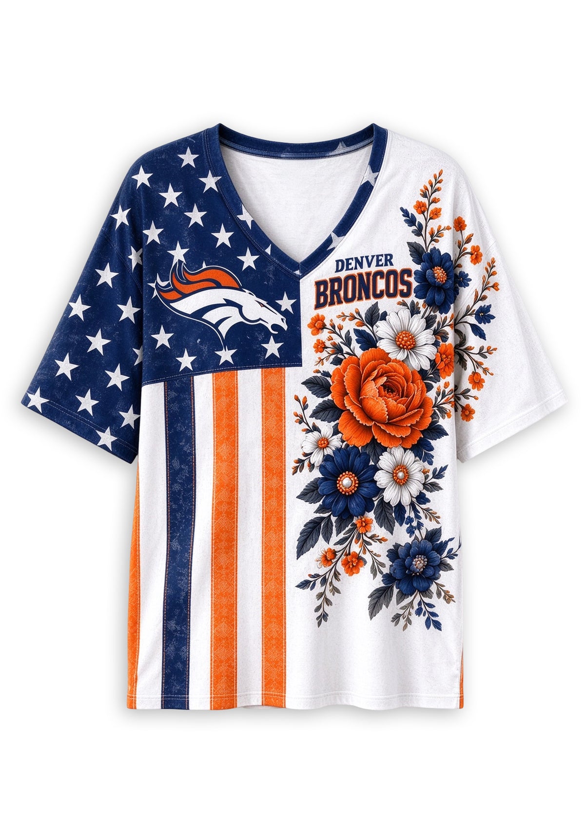 Women's Denver Broncos American Flag Floral V-Neck T-Shirt