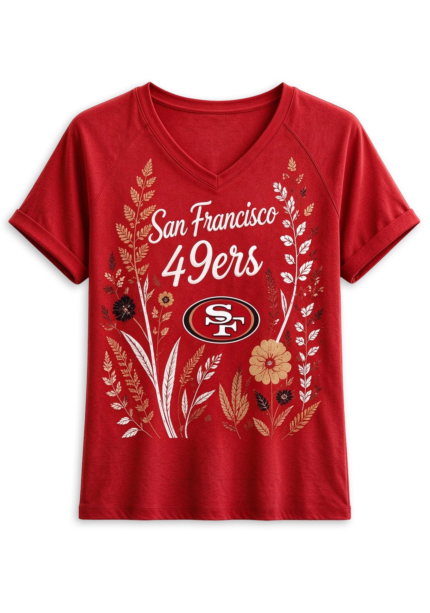 Women's San Francisco 49ers Wildflower Graphic V-Neck Raglan Rolled T-Shirt Secondary image