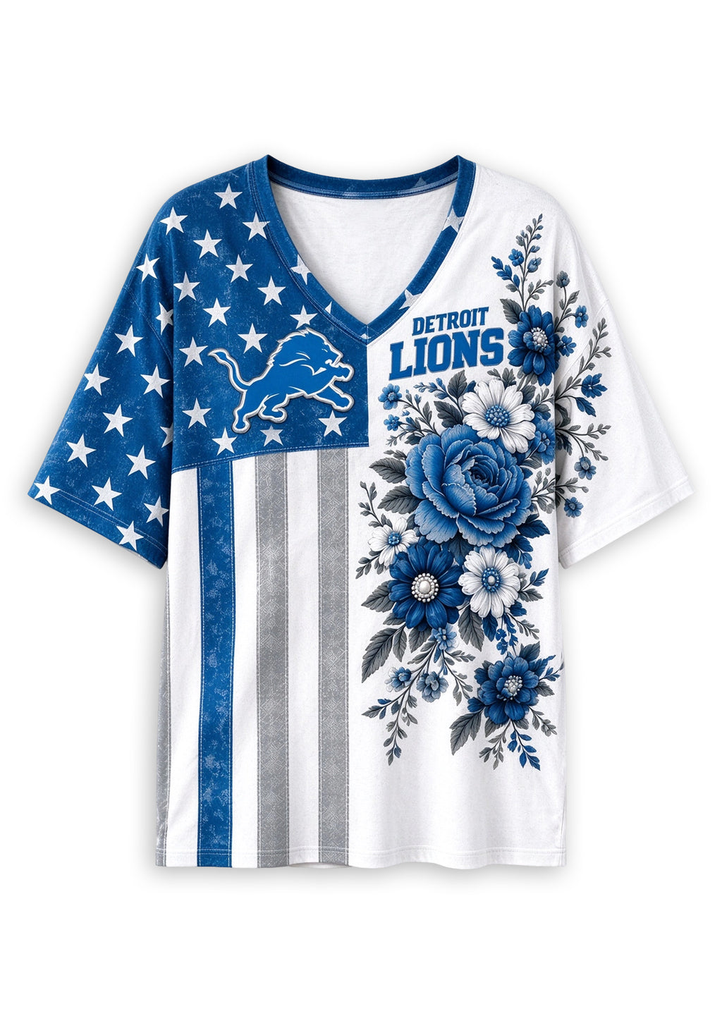 Women's Detroit Lions American Flag Floral V-Neck T-Shirt
